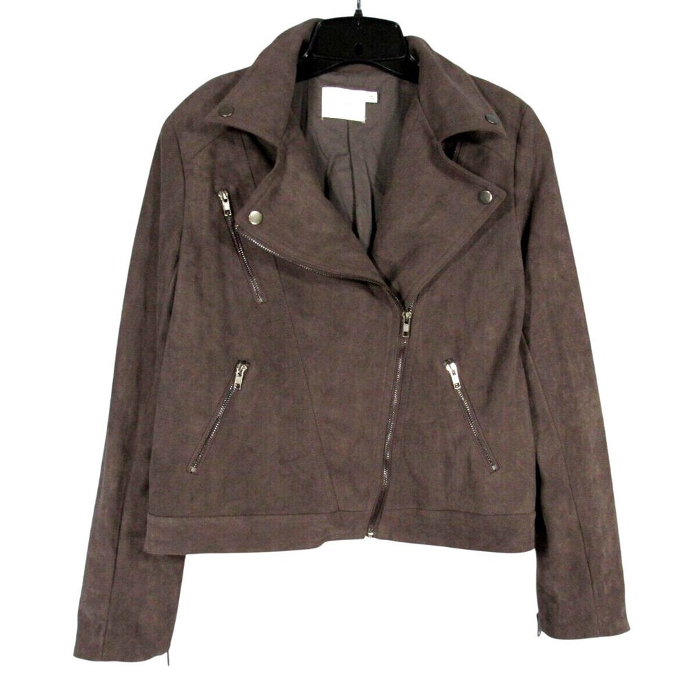 LUSH Women's TAUPE BROWN Faux Suede Microfiber Zip-Up RACER Moto Jacket S